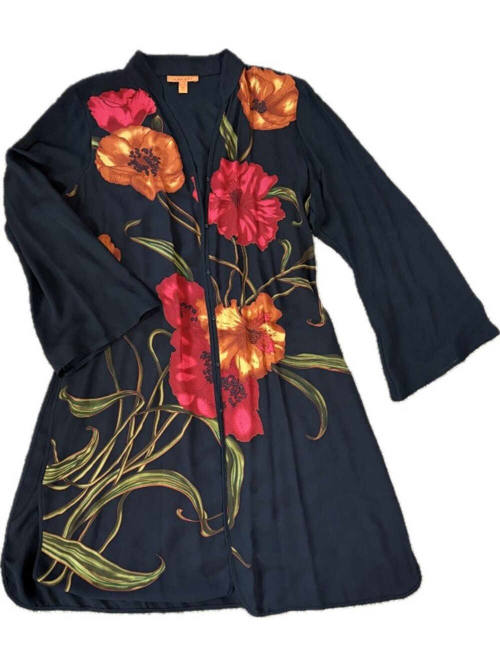 Harari XL Kimono Duster Silk Lagenlook Tunic Black Poppy Art To Wear Jacket Red